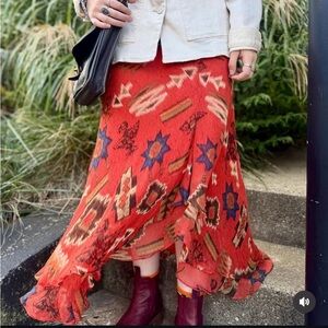 Lauren Ralph Lauren Aztec Print Southwestern Silk Maxi Ruffle Skirt Size PL